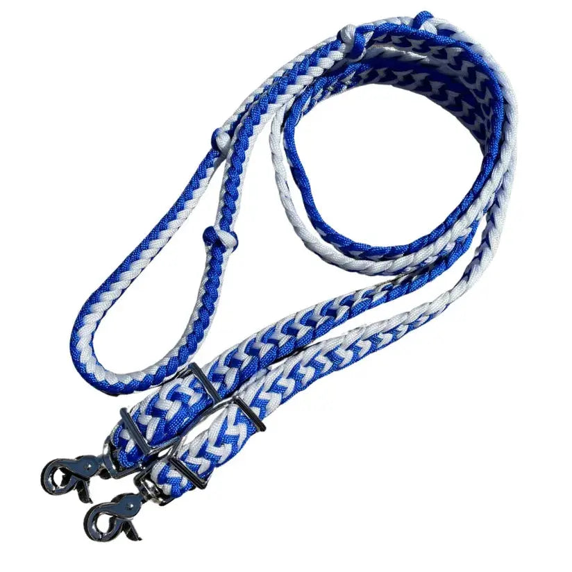 Braided Barrel / Roping Reins 8 Ft, 2 Nickel Plated Scissor Snaps, 2 Tone Colors The Epic Animal