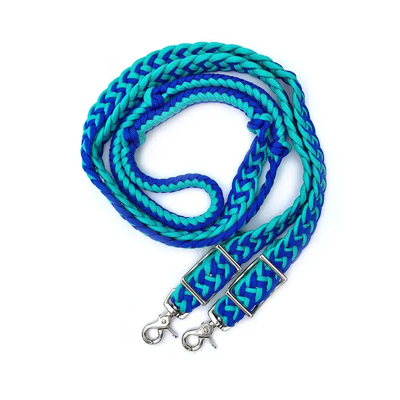 Braided Barrel / Roping Reins 8 Ft, 2 Nickel Plated Scissor Snaps, 2 Tone Colors The Epic Animal